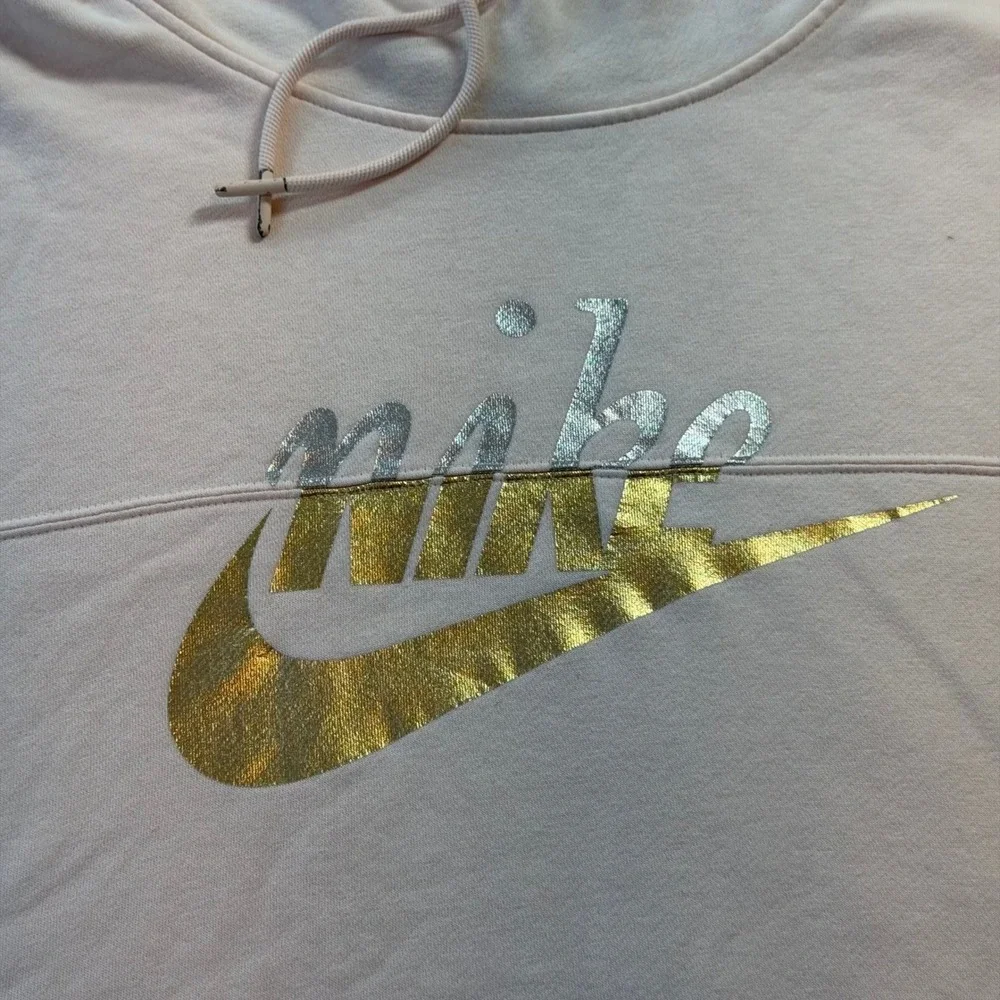Nike Hoodie Womens L Pink Good Metallic Gold Silver Foil Logo Cropped Pullover - Picture 2 of 11